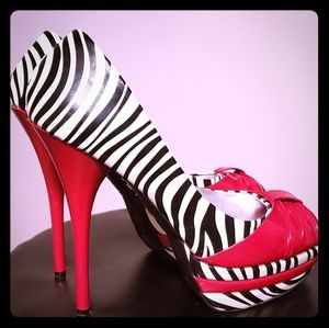 Red black and white peep toe pumps